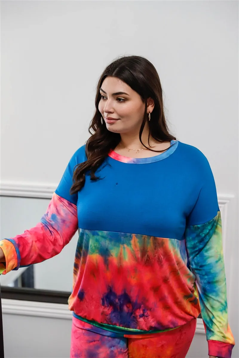 Plus Size Blue Neon Rainbow Tie-dye Colorblock Long Sleeve Top & Biker Shorts Loungewear Set