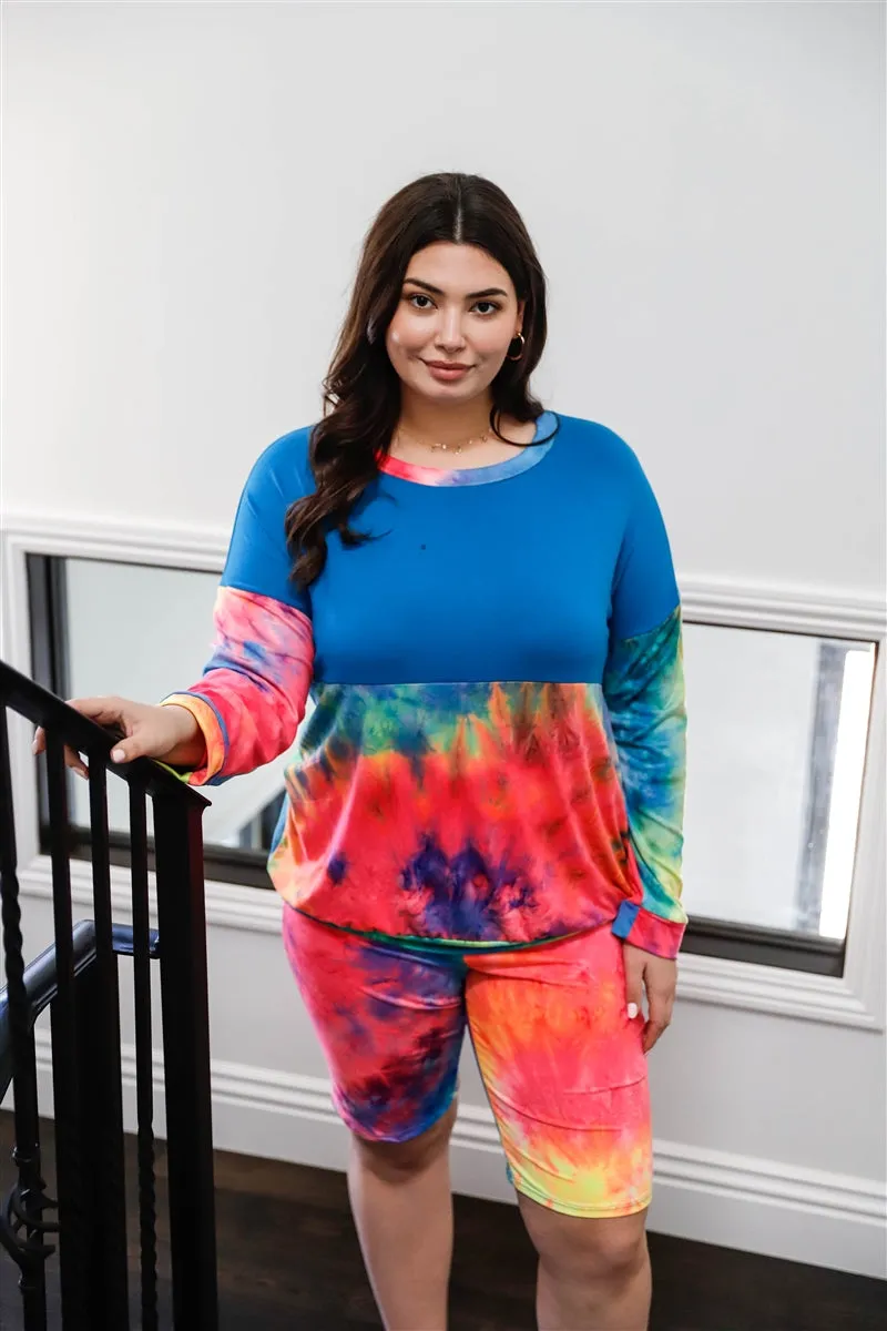 Plus Size Blue Neon Rainbow Tie-dye Colorblock Long Sleeve Top & Biker Shorts Loungewear Set