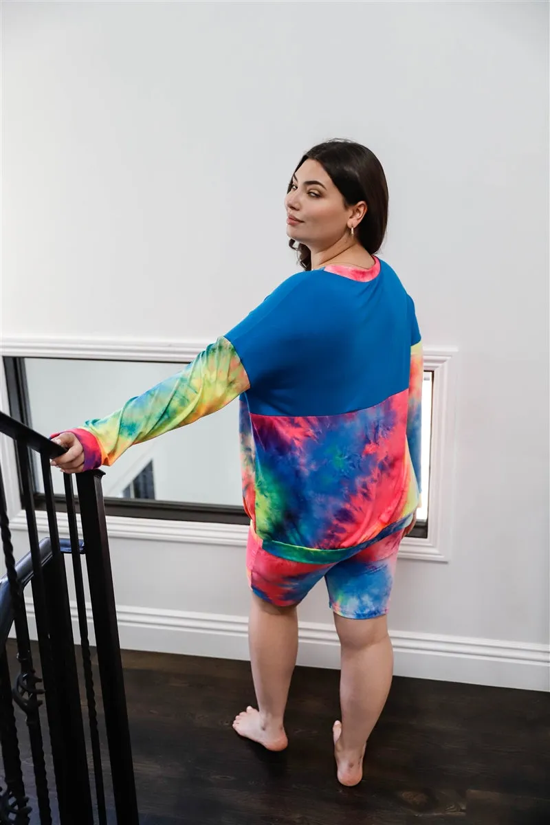 Plus Size Blue Neon Rainbow Tie-dye Colorblock Long Sleeve Top & Biker Shorts Loungewear Set