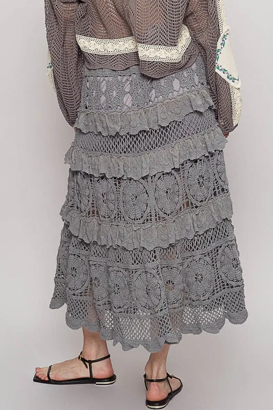POL Crochet Lace Ruffled Midi Skirt
