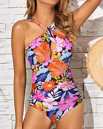 Removable Pad Long Torso Women One Piece Swimsuits-Pink Flowers