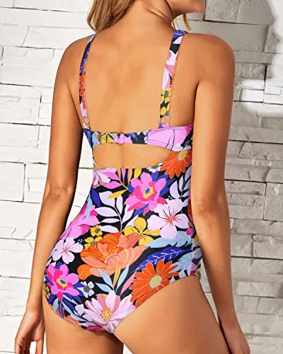 Removable Pad Long Torso Women One Piece Swimsuits-Pink Flowers