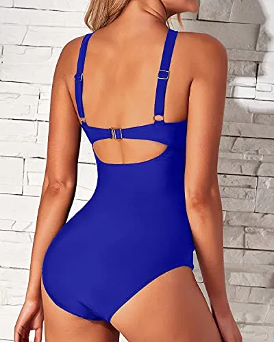 Removable Pad One Piece Front Cross Keyhole Swimsuits-Royal Blue
