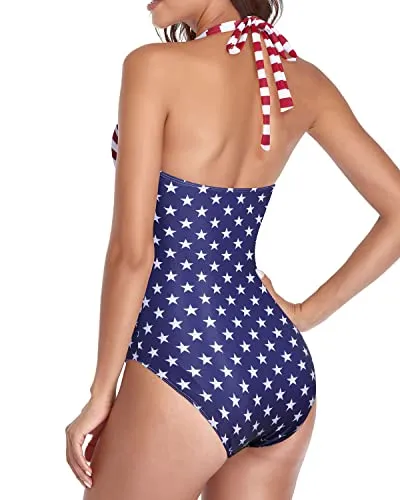 Retro Keyhole High Neck Bathing Suits Long Torso 1 Piece Swimwear-National Flag