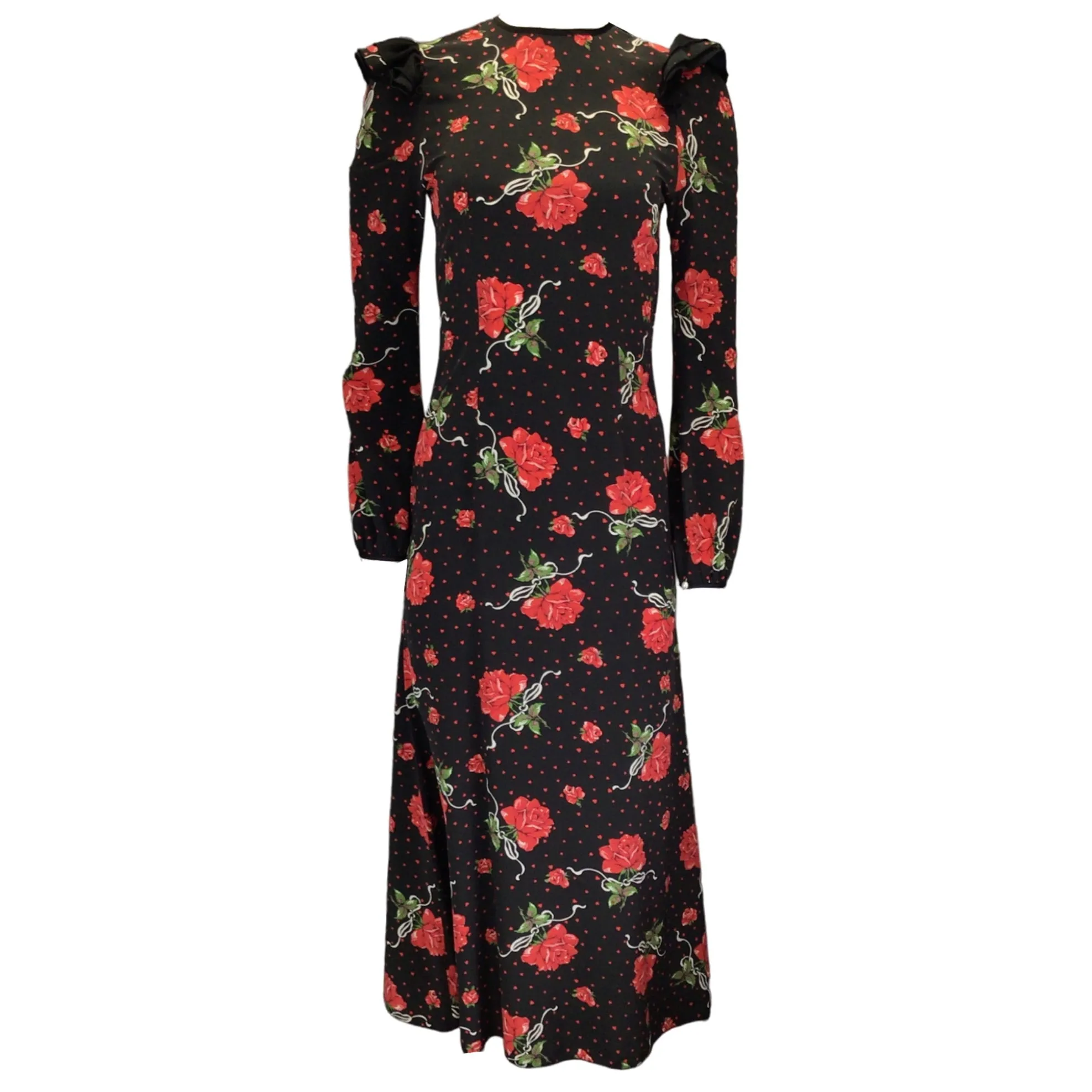 Rodarte Black / Red Ruffled Rose Printed Silk Midi Dress
