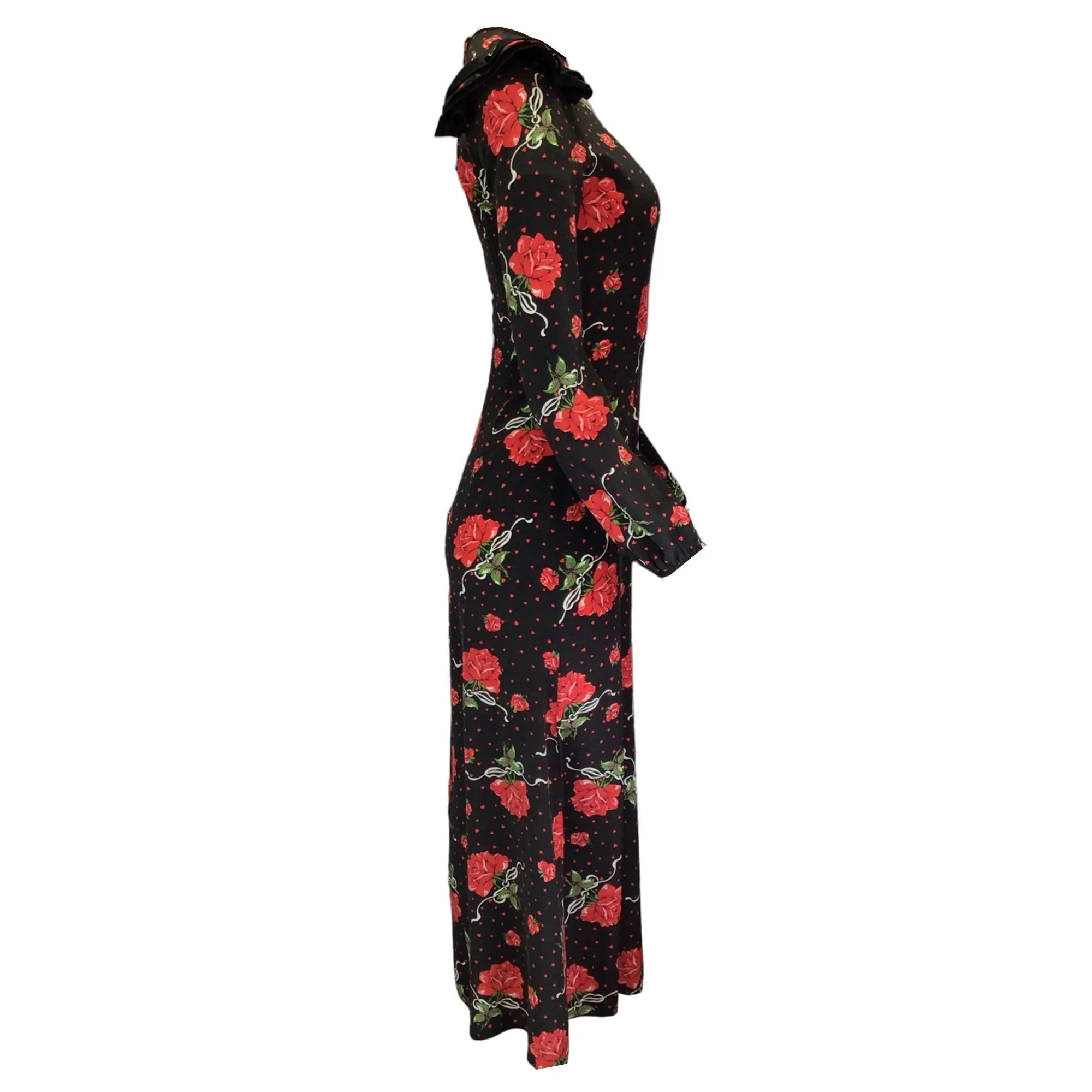 Rodarte Black / Red Ruffled Rose Printed Silk Midi Dress