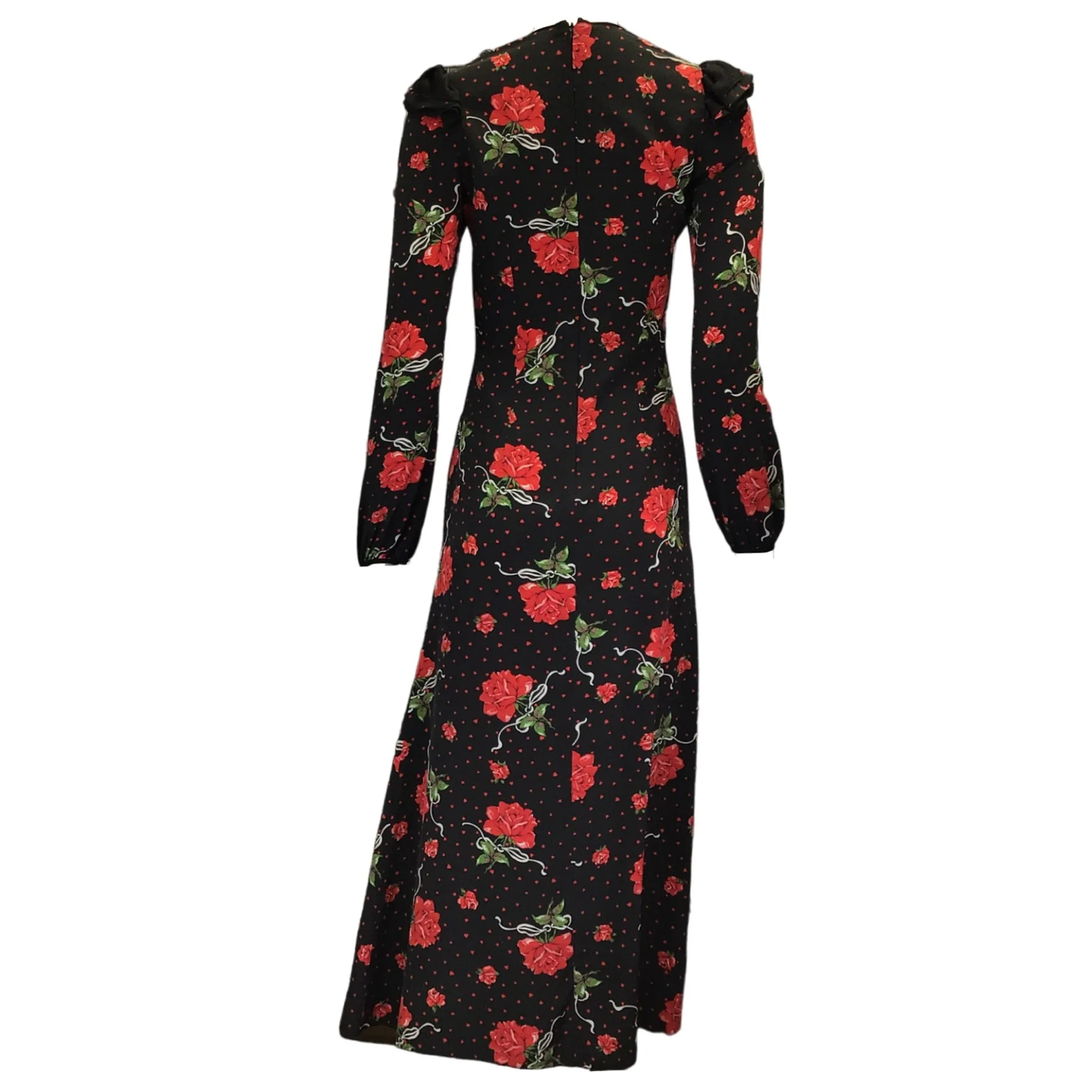 Rodarte Black / Red Ruffled Rose Printed Silk Midi Dress