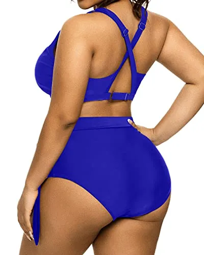 Ruched High Waist Bikini Plus Size Tie Knot Swimsuit-Royal Blue