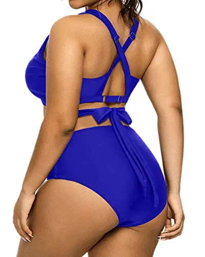 Ruched High Waist Bikini Plus Size Tie Knot Swimsuit-Royal Blue