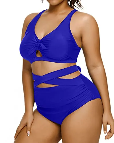 Ruched High Waist Bikini Plus Size Tie Knot Swimsuit-Royal Blue