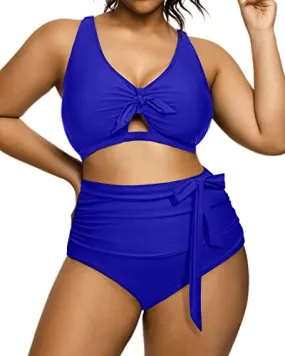 Ruched High Waist Bikini Plus Size Tie Knot Swimsuit-Royal Blue