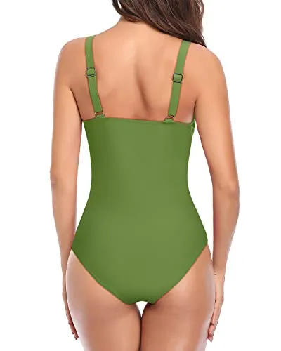 Ruched Shirred Pattern Tummy Control One Piece Swimsuits For Women-Light Yellow Green