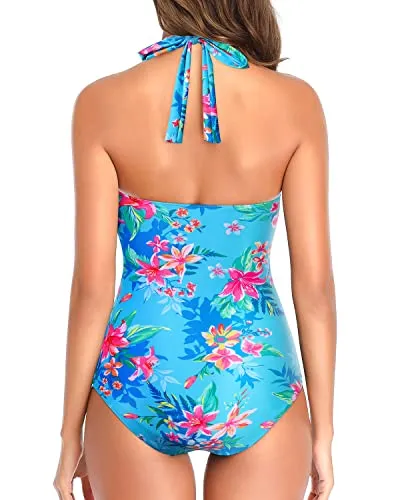 Ruching Shirred Slimming One Piece Swimsuits-Blue Floral