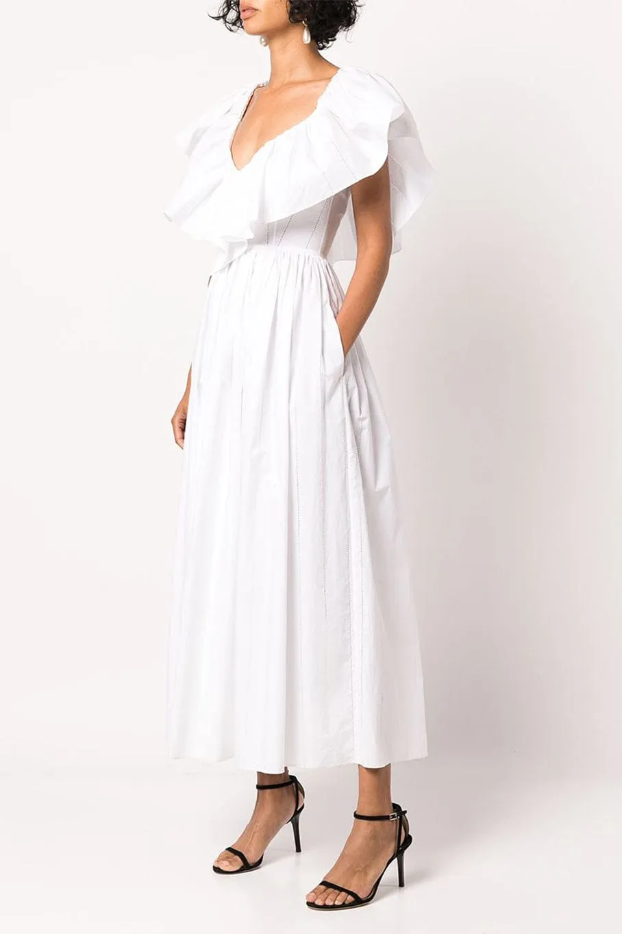 Ruffled V Neck Midi Dress