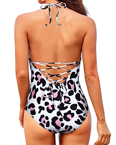 Sexy Halter One Piece Swimsuit Tummy Control Bathing Suit For Women-White And Leopard