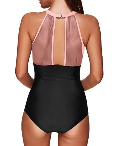 Sheer Mesh Cutout One Piece Swimsuit For Women-Pink And Black