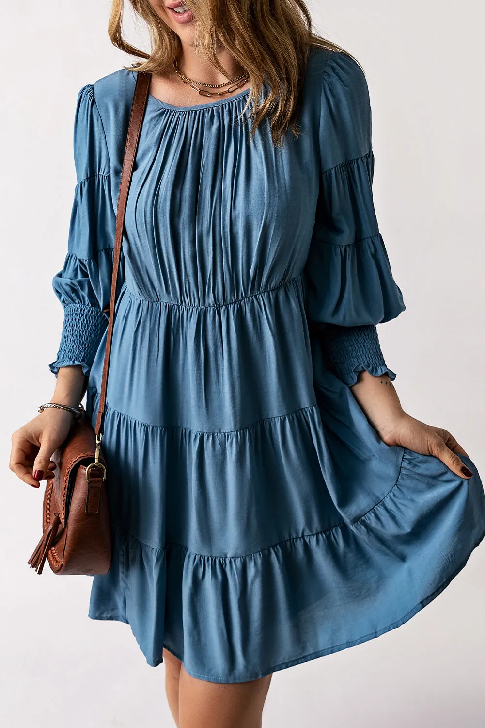 Sky Blue Shirring Tiered Flowy Babydoll Dress