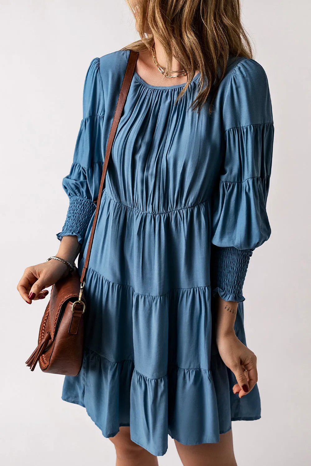 Sky Blue Shirring Tiered Flowy Babydoll Dress