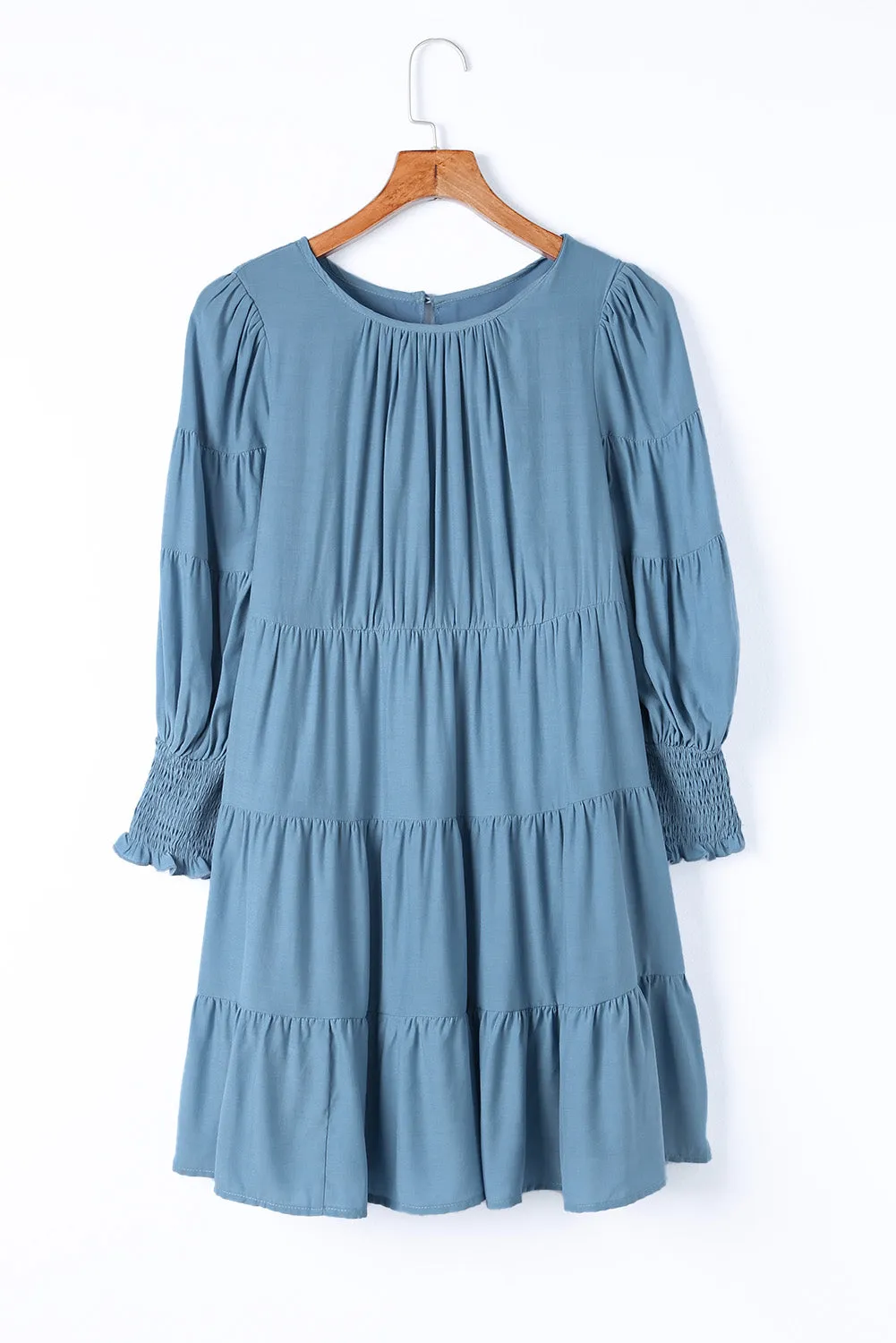 Sky Blue Shirring Tiered Flowy Babydoll Dress