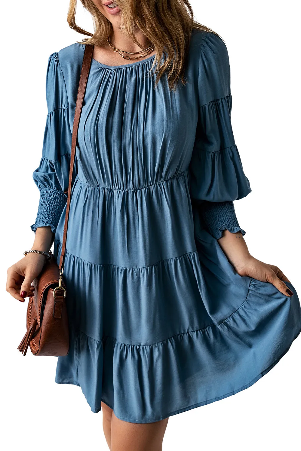 Sky Blue Shirring Tiered Flowy Babydoll Dress