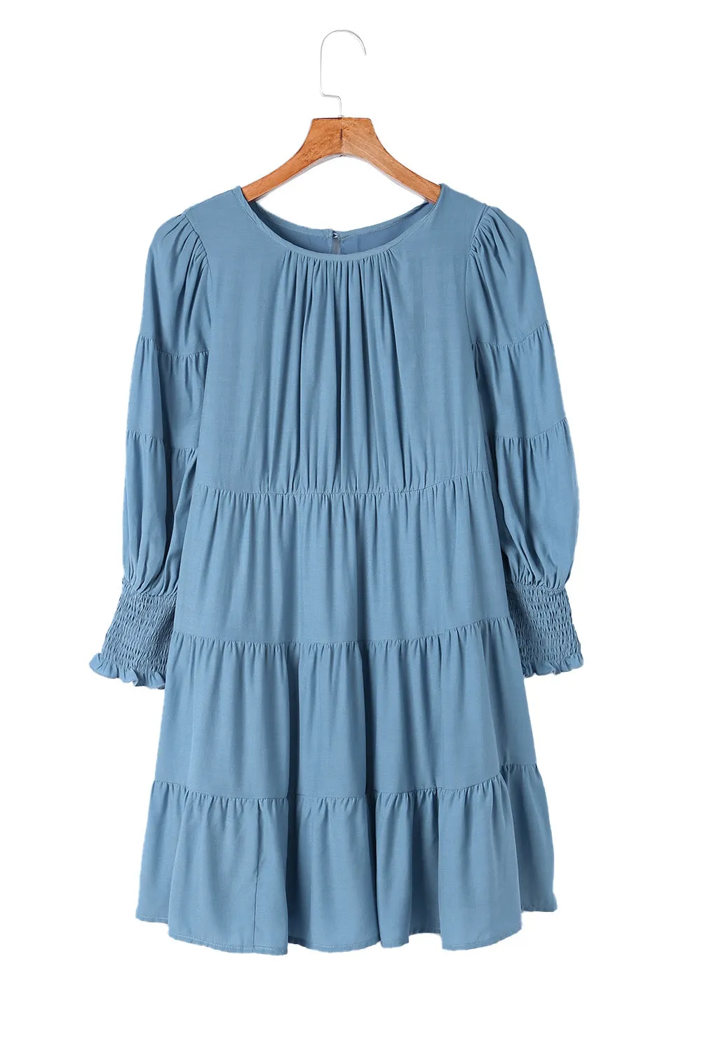 Sky Blue Shirring Tiered Flowy Babydoll Dress