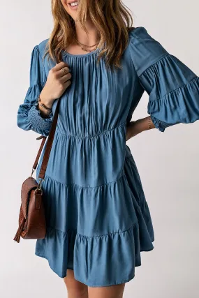 Sky Blue Shirring Tiered Flowy Babydoll Dress