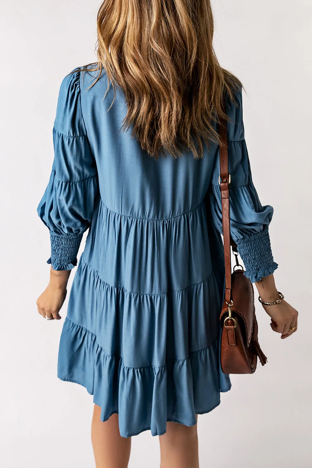 Sky Blue Shirring Tiered Flowy Babydoll Dress