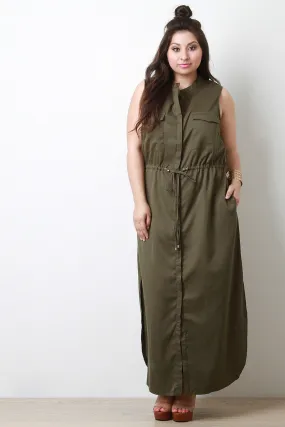 Sleeveless Military Shirt Maxi Dress