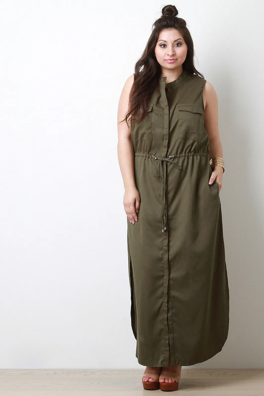 Sleeveless Military Shirt Maxi Dress