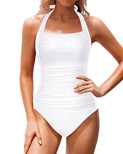 Slimming Swimsuits Women Tummy Control Bathing Suits-White