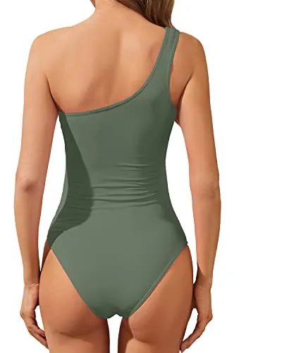 Soft Padded Push Up Bra One Shoulder One Piece Swimsuits For Women-Olive Green