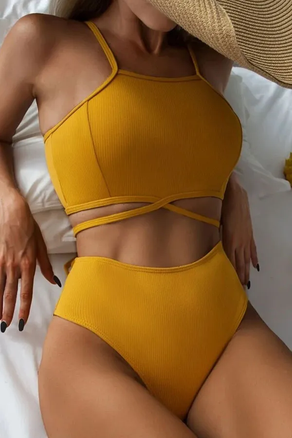 Solid Color Retro Strappy Bikini