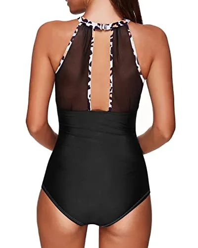 Stylish Ruched Push-Up Monokini Swimsuit Deep Plunge For Women-Black And Leopard