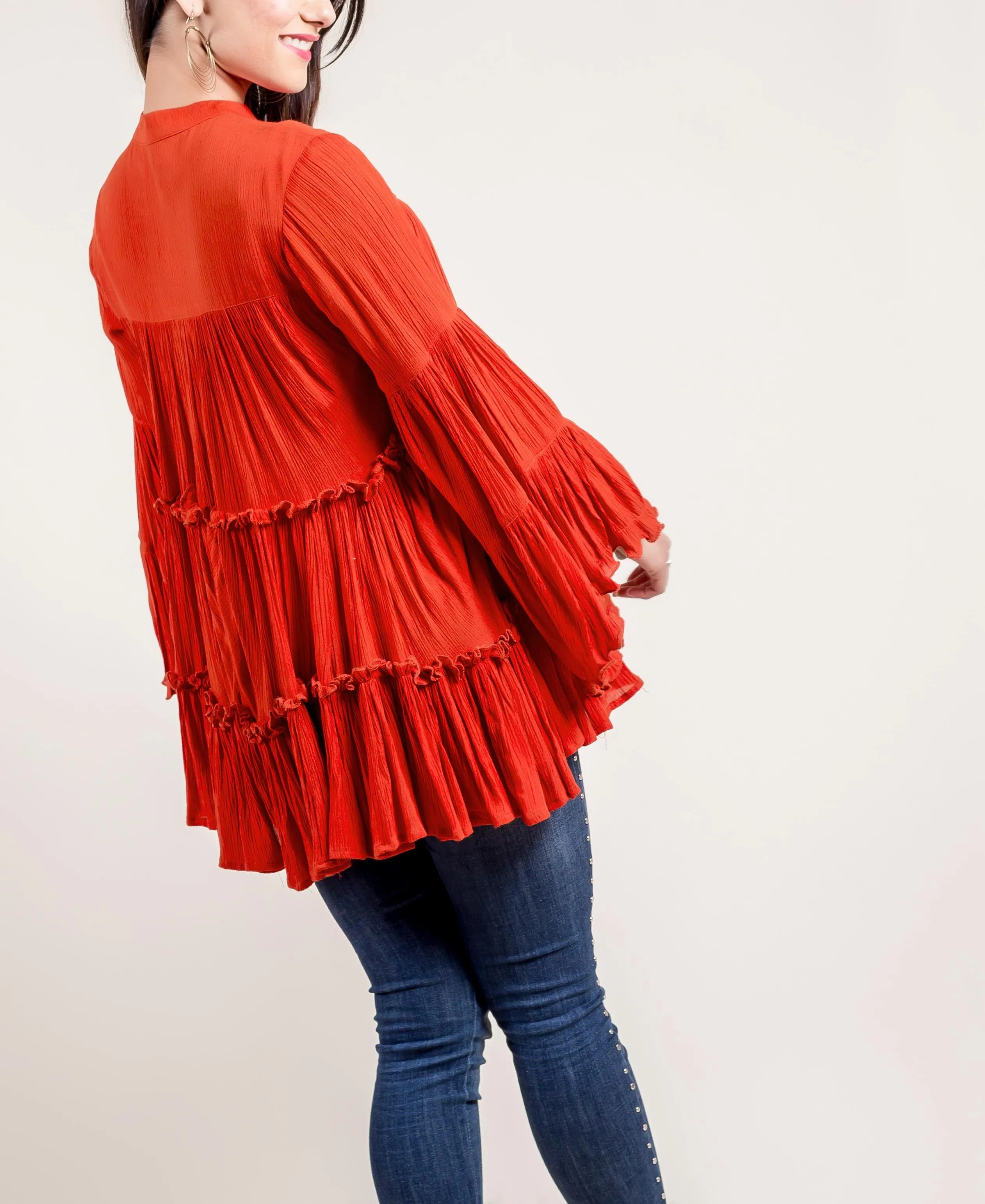 Tasseled Rayon Frill Top In Rust