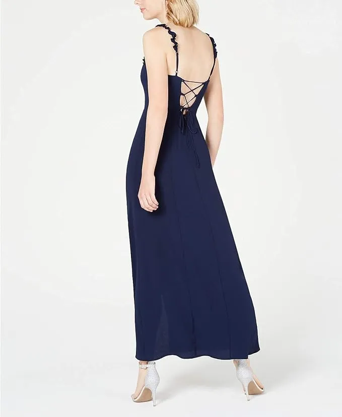 Teeze Me Juniors Ruffle Trim Crepe Side Slit Maxi Dress  Color Navy Size 9/10