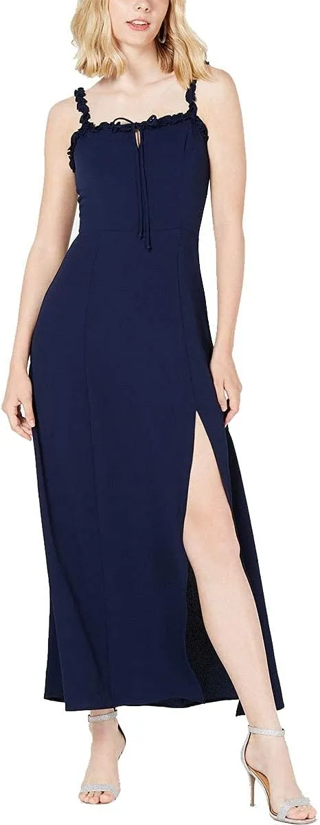 Teeze Me Juniors Ruffle Trim Crepe Side Slit Maxi Dress  Color Navy Size 9/10