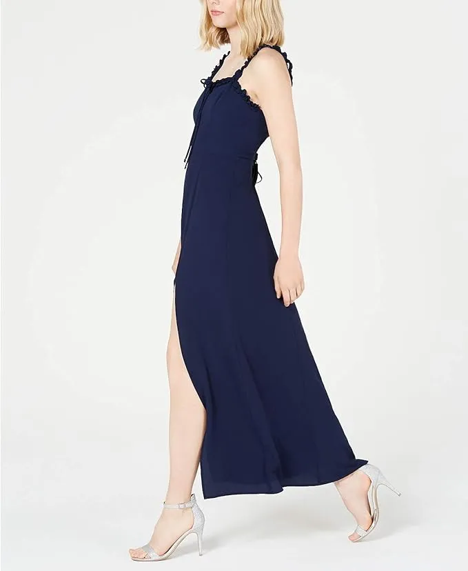 Teeze Me Juniors Ruffle Trim Crepe Side Slit Maxi Dress  Color Navy Size 9/10