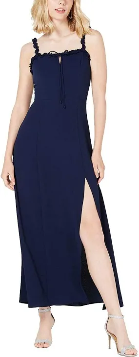 Teeze Me Juniors Ruffle Trim Crepe Side Slit Maxi Dress  Color Navy Size 9/10