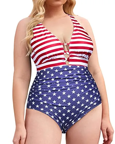 Tummy Control Slimming Plus Size One Piece Swimsuit For Women-National Flag