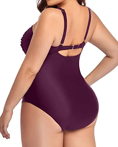Twist Front Ruched Cross Swimsuits For Curvy Women-Maroon