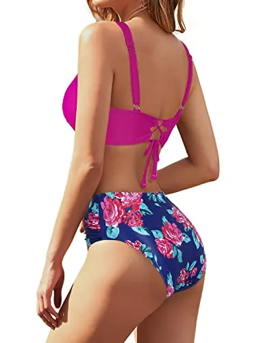 Twist Front Women's Two Piece Bikini Set Tummy Control Full Coverage Swimsuit-Pink Floral
