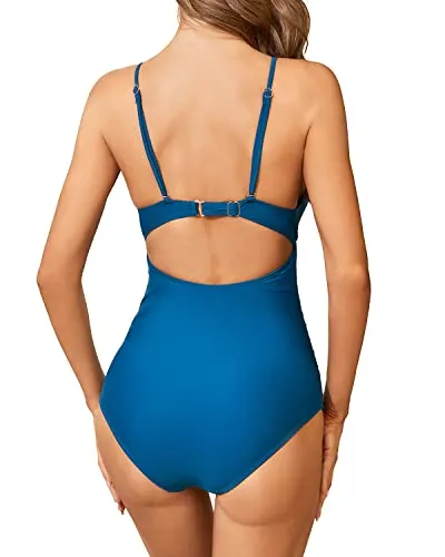 V Neck Tummy Control One Piece Swimsuit Ruched Sexy Slimming Swimwear-Teal