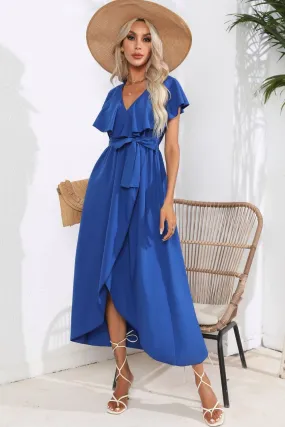 Waist-Tied Ruffled Neckline Short Sleeve Midi Dress