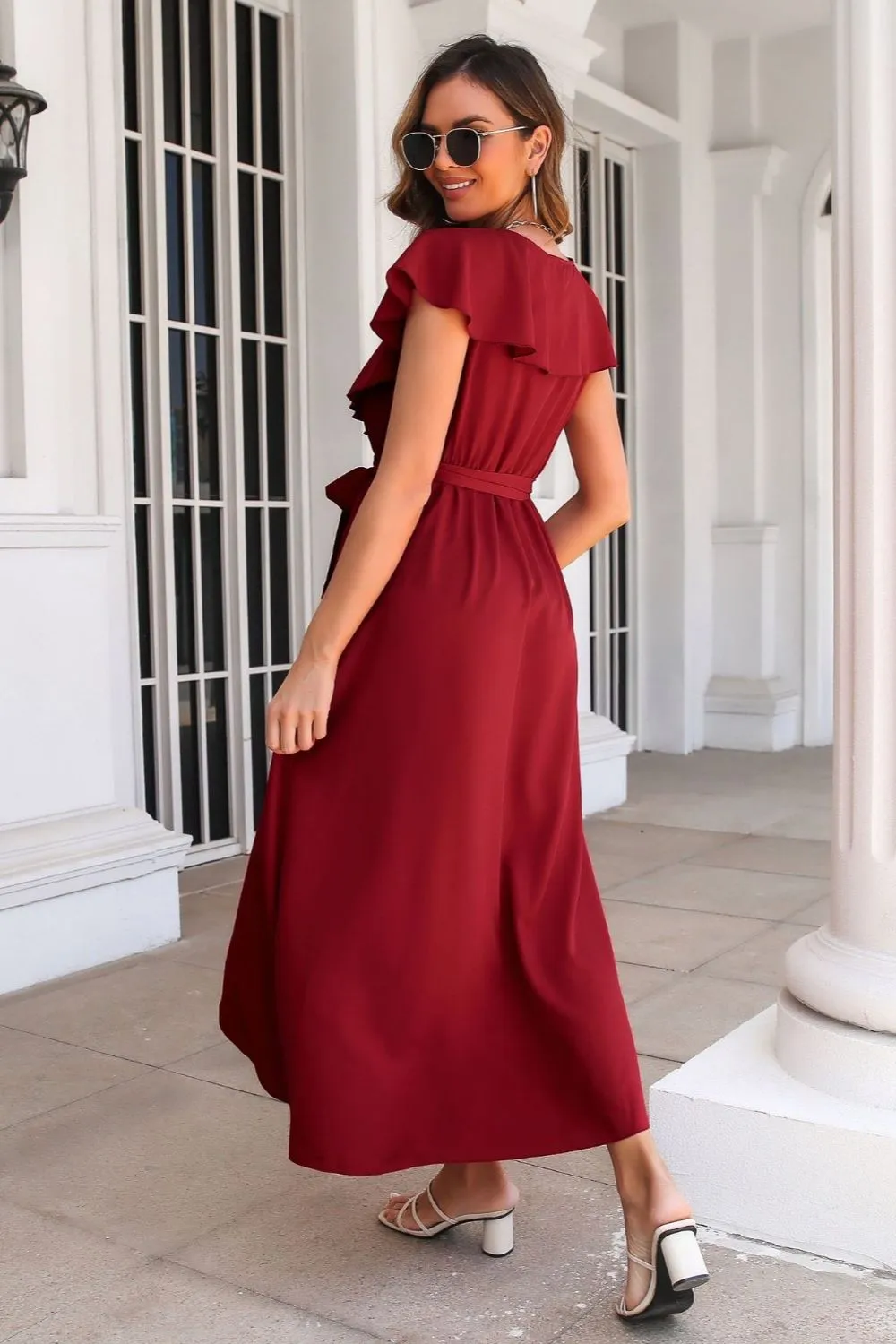 Waist-Tied Ruffled Neckline Short Sleeve Midi Dress
