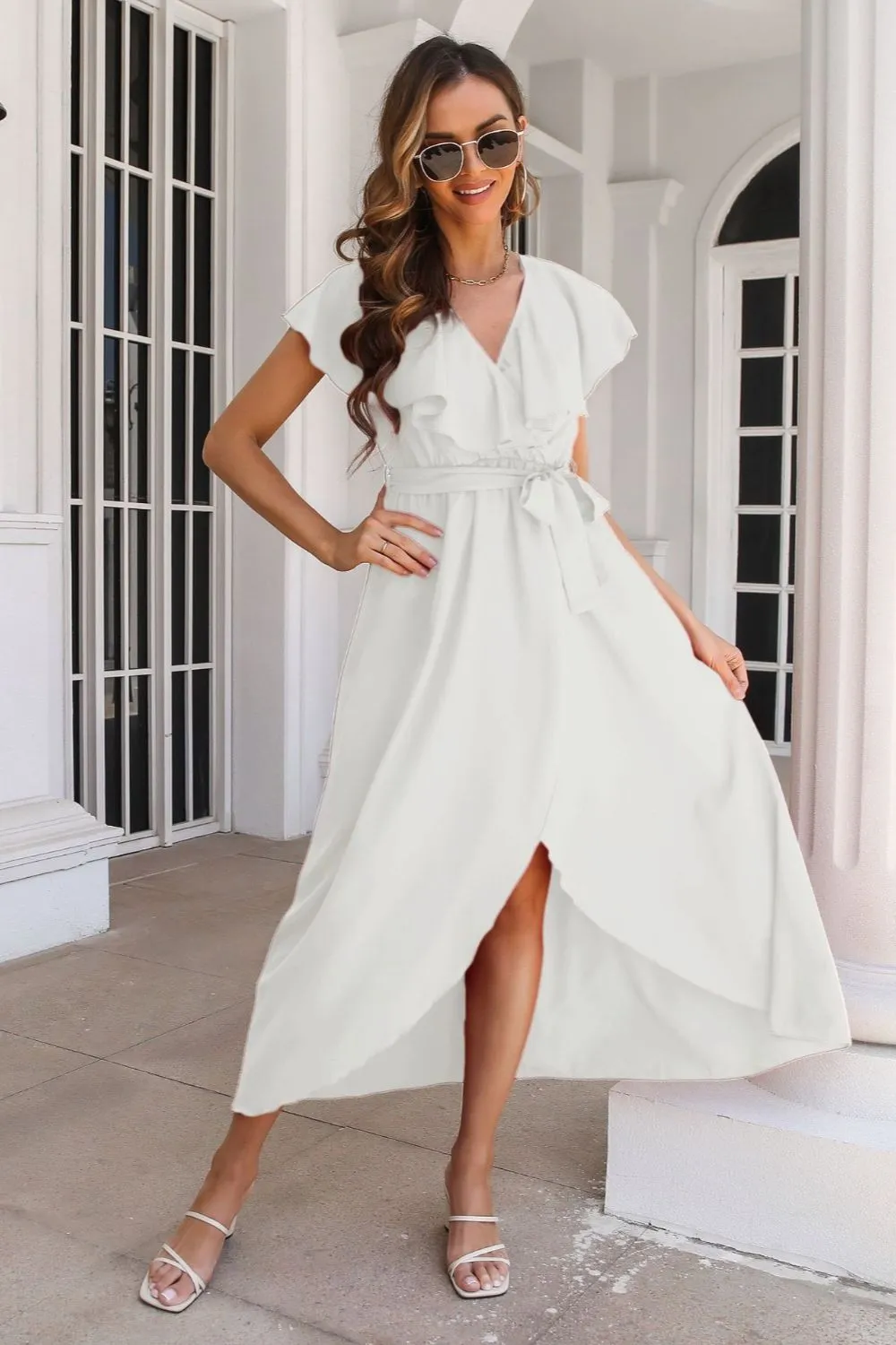 Waist-Tied Ruffled Neckline Short Sleeve Midi Dress