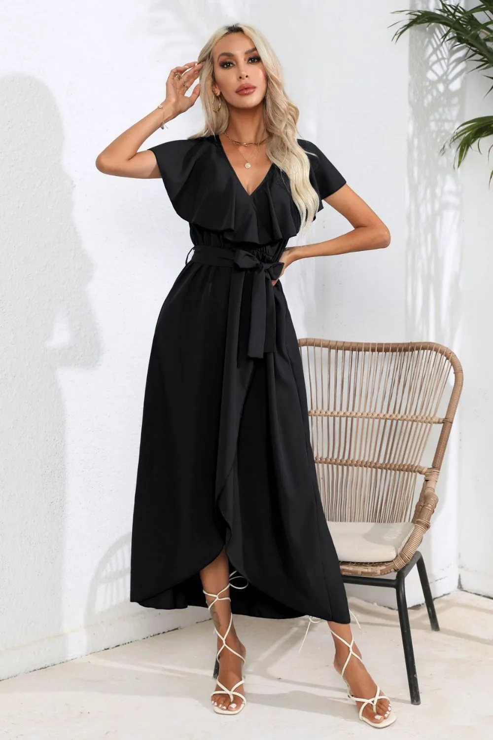 Waist-Tied Ruffled Neckline Short Sleeve Midi Dress