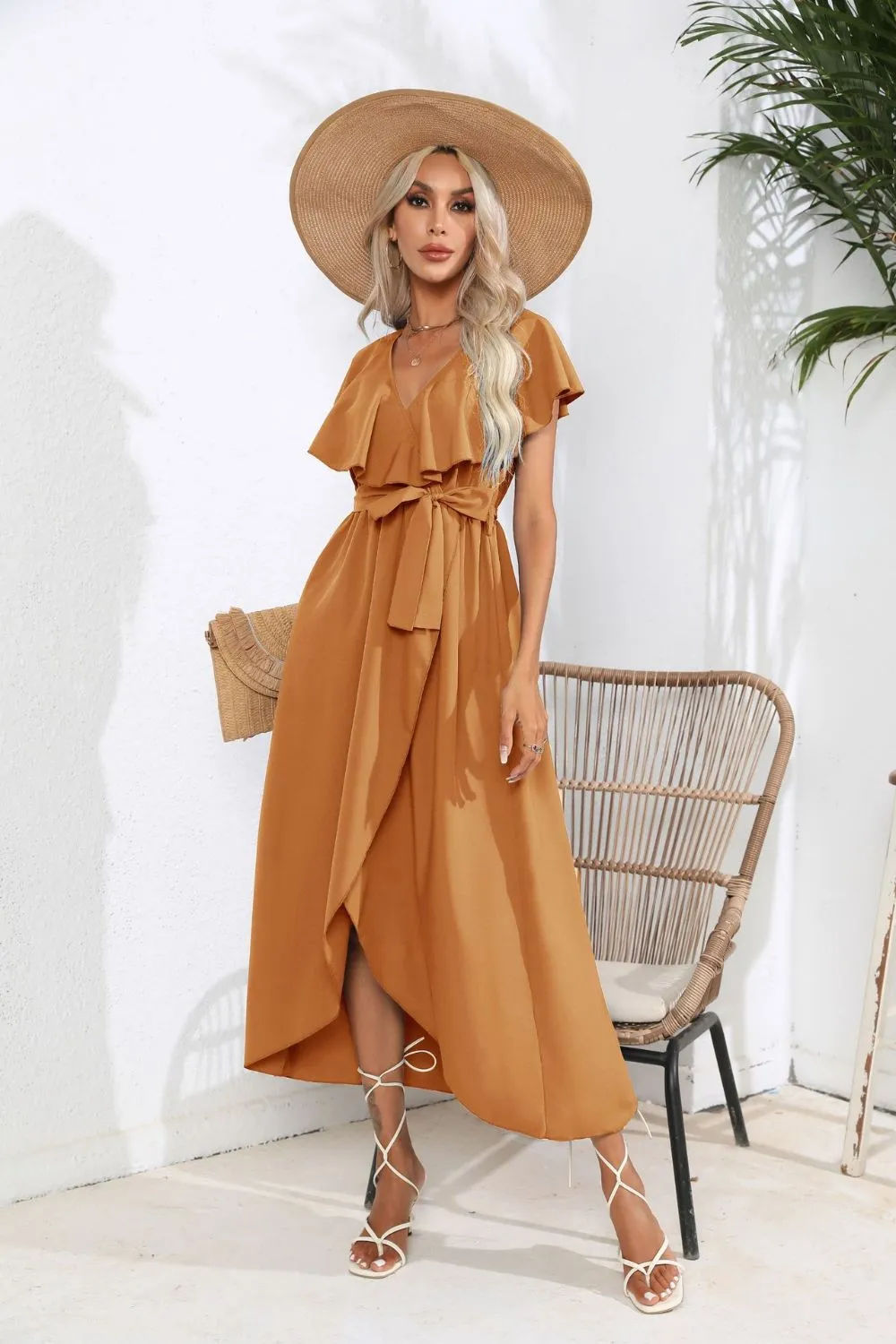 Waist-Tied Ruffled Neckline Short Sleeve Midi Dress