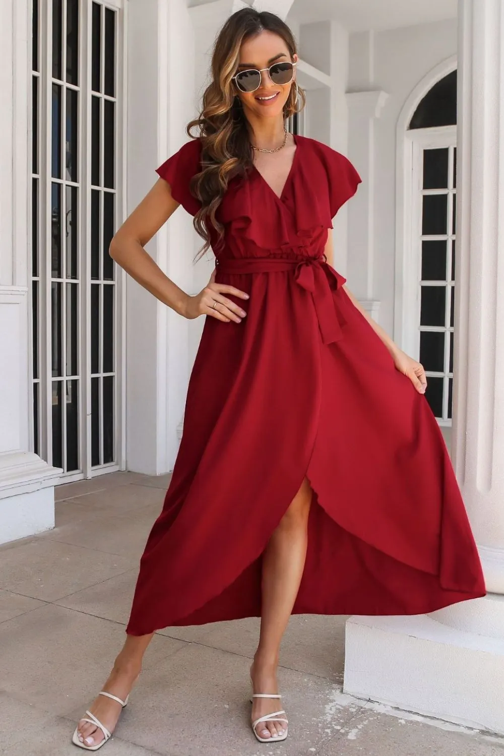 Waist-Tied Ruffled Neckline Short Sleeve Midi Dress