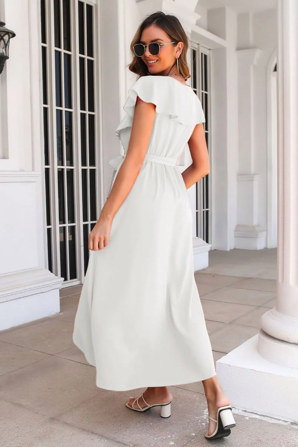 Waist-Tied Ruffled Neckline Short Sleeve Midi Dress