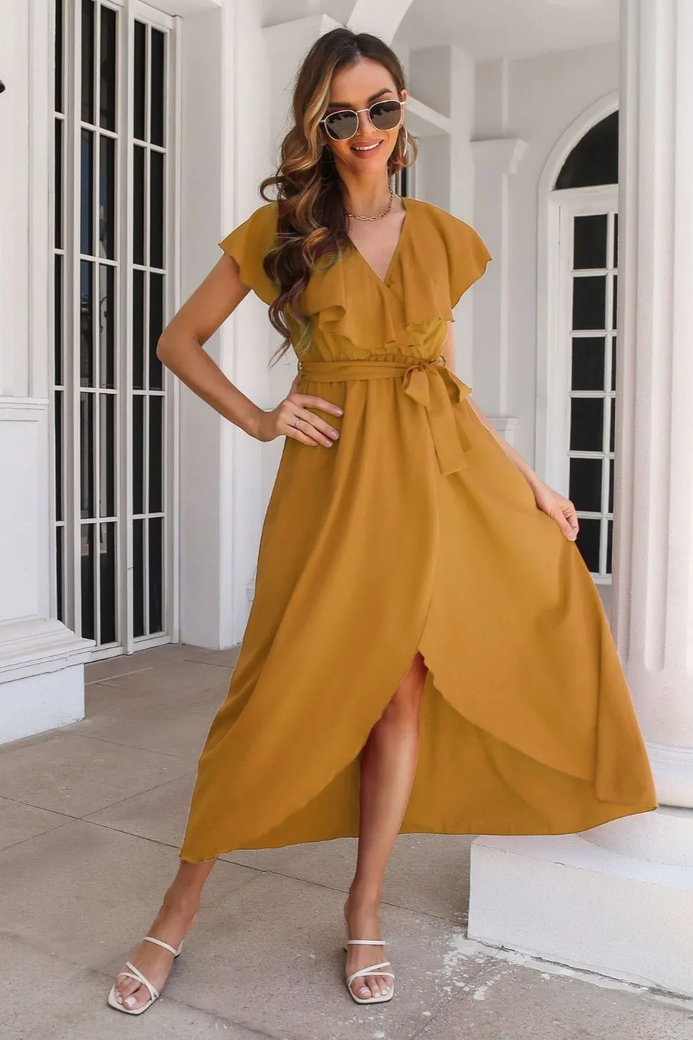 Waist-Tied Ruffled Neckline Short Sleeve Midi Dress